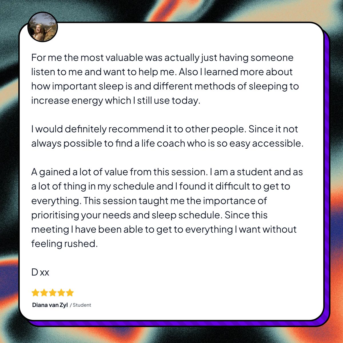 Testimonial from Diana van Zyl